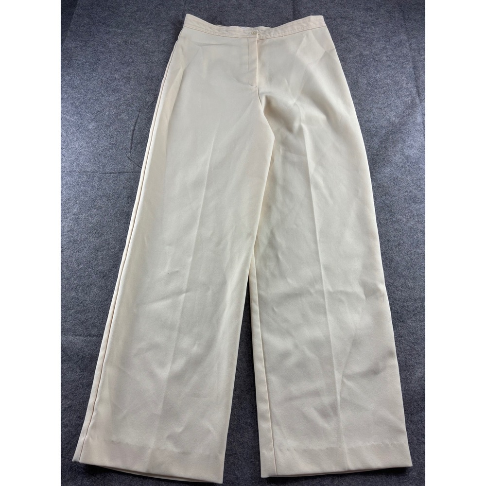 VTG High Waisted Wide Leg Trousers Cream Off White Polyester Pants 30x29.5" Prep